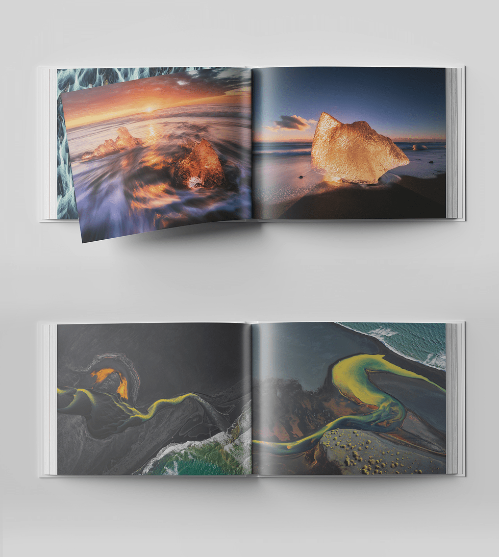 Open spreads from Iconic Iceland coffee table book showcasing full-page images of Diamond Beach and glacial river landscapes