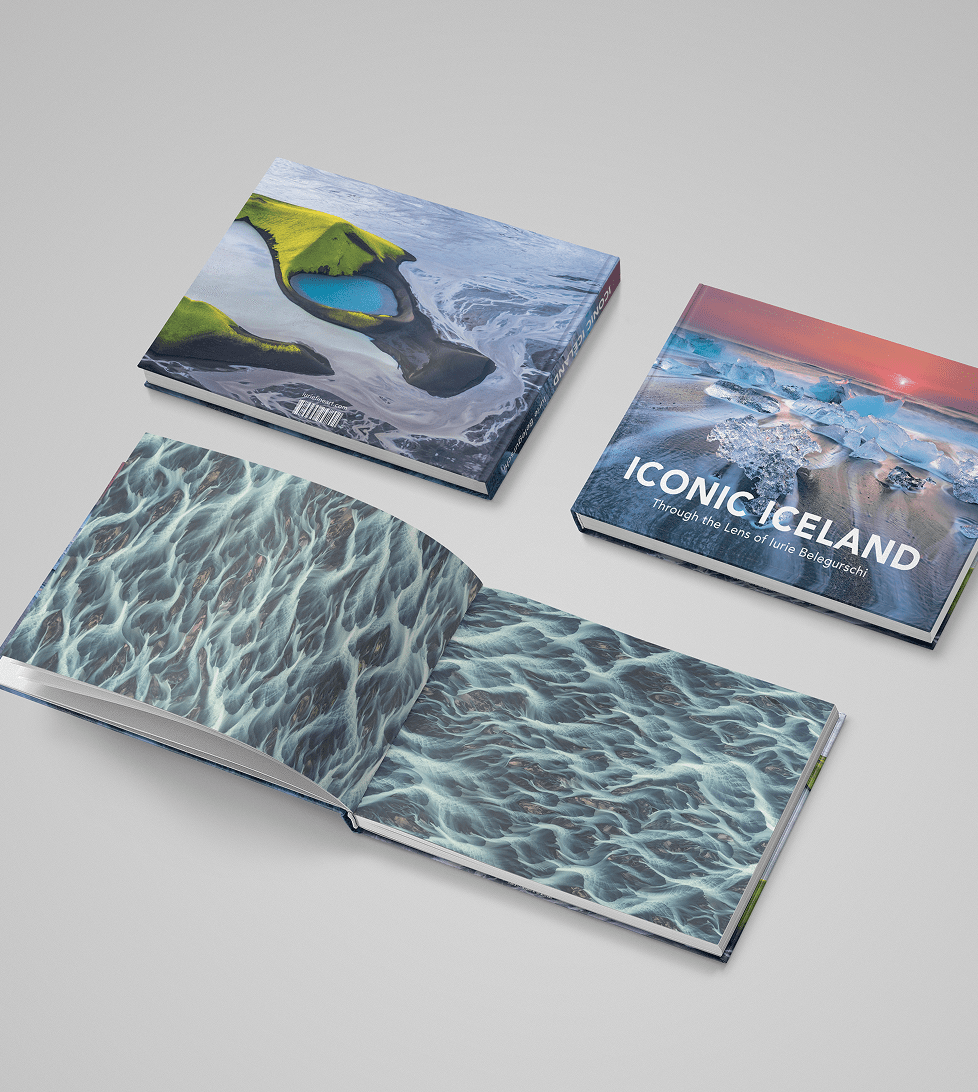 Front and back cover of Iconic Iceland plus abstract glacial river imagery inside this Iceland landscape coffee table book