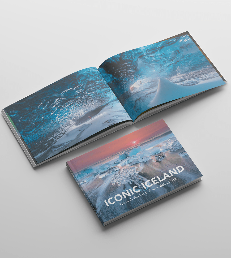 Interior view of Iconic Iceland photography book showing ice cave images—an Iceland nature photo book by Iurie Belegurschi